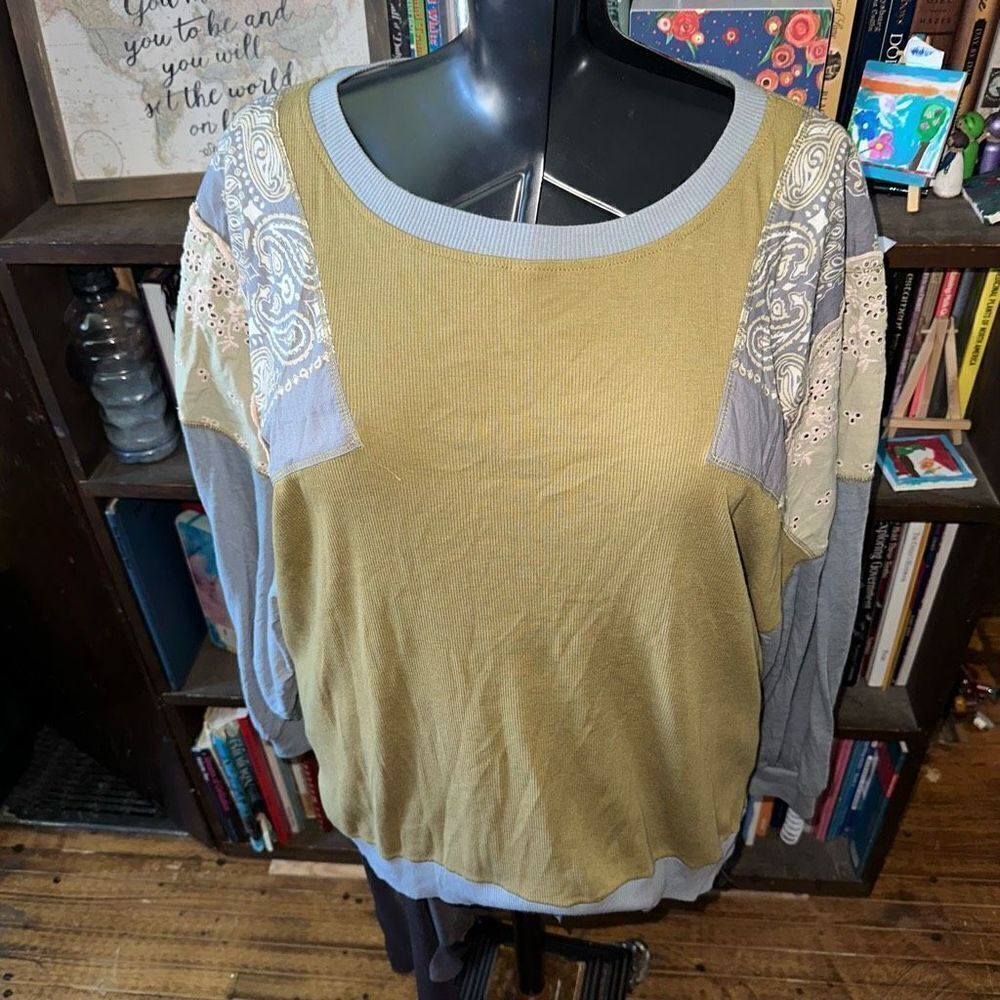 We the Free lagenlook boho granny patchwork ribbed blouse